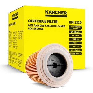 Kärcher KFI 3310 patronos szűrő nedves/száraz porszívókhoz. Narancssárga szűrő sárga Kärcher doboz előtt, WD 1-3 modellekhez.