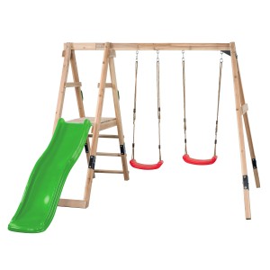 Swing King Ava hinta csúszdával és két hintaüléssel, természetes fa, világoszöld csúszda.