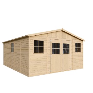 Timbela fa kerti ház M333, 19,77 m², ablakokkal és dupla ajtóval. Ideális tárolóhelyiségnek.