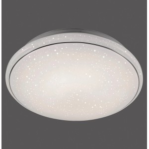 Fehér, kerek Lolasmart-Jupi LED mennyezeti lámpa csillagos égbolthatással, applikációval vezérelhető, átmérője 59 cm.