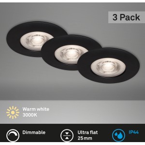 Brilo LED süllyesztett lámpa Kulana, 3-as szett, dimmelhető, matt fekete. Ideális fürdőszobába és nappaliba.