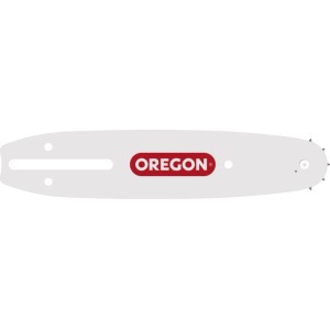 Oregon láncfűrész vezetőlemez, világosszürke, piros logóval.