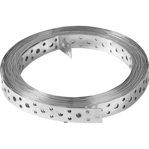 Tűzihorganyzott lyukszalag, 20 mm széles, 10 m hosszú, fa szerkezetekhez.