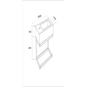Vázlat mosdókagyló szettről méretekkel: 380x196x90 mm-es mosdó, 200 mm-es váz.