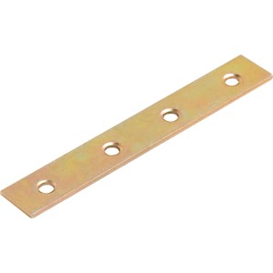 Sárga horganyzott lapos összekötő, 100x15 mm, rögzítő furatokkal.