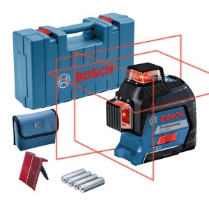 Bosch Professional GLL 3-80 vonalas lézerkészlet tartozékokkal és piros lézersugárral.