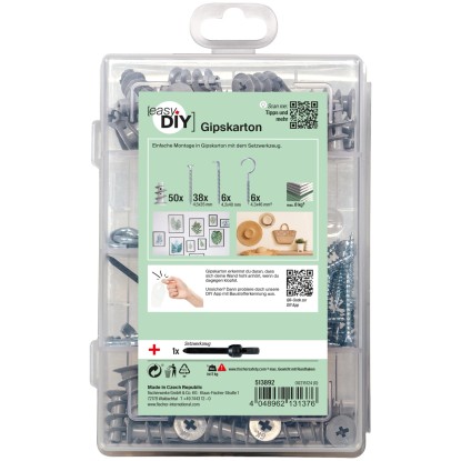 Fischer EasyDIY Box Gipszkarton (101 darabos) tiplikkel, csavarokkal és beállító szerszámmal átlátszó műanyag dobozban.