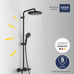Grohe Vitalio Start 250 zuhanyrendszer, matt fekete, fej- és kézi zuhannyal, termosztáttal és zuhanyrúddal.