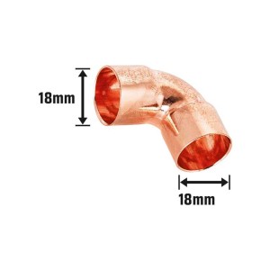 Réz forrasztókönyök, 18 mm átmérő, 90 fokos hajlítás rézcsövekhez.