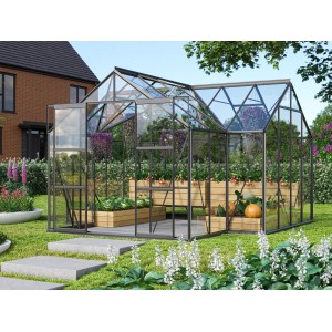 Vitavia Sirius üvegház, 13 m², fekete, alappal. Elegáns narancsház növénytermesztéshez a kertben.