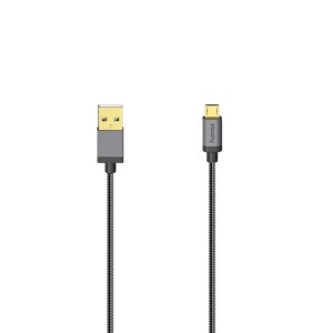 Szürke USB kábel USB-A és Micro-USB csatlakozóval telefonhoz és más eszközökhöz.