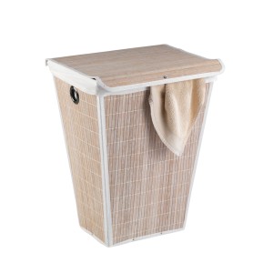 Kúpos, fehér Wenko Bamboo szennyestartó fedővel és törölközővel. Fürdőszobai kiegészítő.