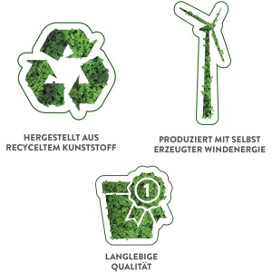 Ikonok: Újrahasznosított műanyag, szélenergia, tartós minőség Elho virágcserepekhez.