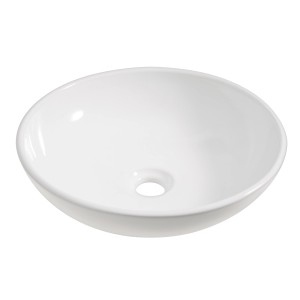 Kerek, fehér kerámia pultra ültethető mosdó (Ø 42 cm) csaplyuk nélkül.