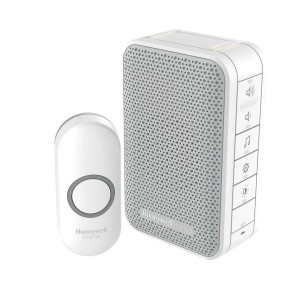 Fehér, vezeték nélküli Honeywell Home kaputelefon csengőgombbal és hangszóróval.