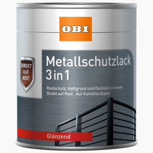 OBI 3 az 1-ben fémvédő festék doboza, fényes fehér, rozsdavédelemhez és fémfestéshez.