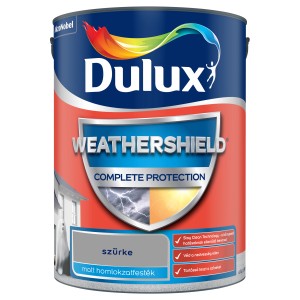 Doboz szürke Dulux Weathershield homlokzatfesték kültérre, teljes védelem.