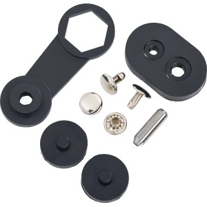 Szürke üreges szegecs készlet (3x9mm) szerszámmal textil dekorációhoz.