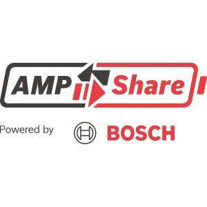 Bosch AMPShare logó, akkumulátoros rendszer professzionális szerszámokhoz.