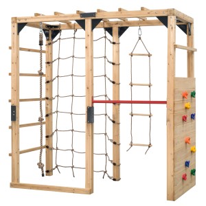 Swing King Jack fa mászóka kötél létrával, mászóhálóval, tornász rúddal és mászófallal.