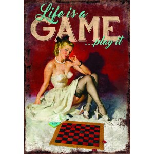 Retro kép: Nő dámajátékozik, idézet: "Life is a Game". Dekoratív fali művészet lakóterekbe.