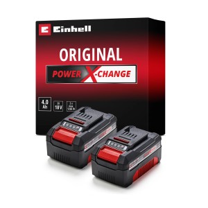 Einhell Power X-Change akkumulátor Twinpack 2x 18V 4Ah, két akkumulátor piros díszítéssel a termék csomagolása előtt.