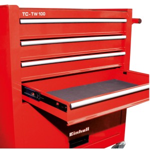 Piros Einhell TC-TW 100 műhelykocsi nyitott fiókkal és négy fiókkal.