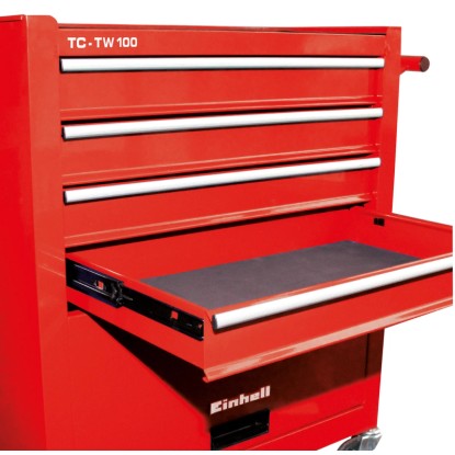 Piros Einhell TC-TW 100 műhelykocsi nyitott fiókkal és négy fiókkal.