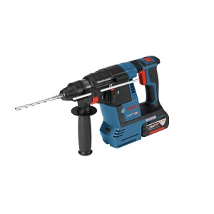 Kék Bosch Professional GBH 18V-26 akkus fúrókalapács SDS Plus tokmánnyal, mélységütközővel, 18V akkuval.
