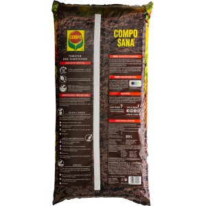 Zsák Compo Sana paradicsom- és zöldségföld, 20 l, speciális föld zöldségekhez és paradicsomokhoz.