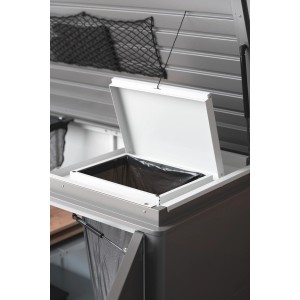 Biohort szemeteszsák tartó HighBoard 160 l-hez, szürke-fehér, a könnyű hulladékszelektáláshoz a kertben.