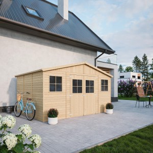Timbela fa kerti ház M331+M331G, 11,91 m², ablakkal és padlóval a kertben.