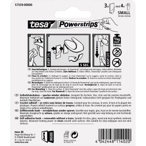 Tesa öntapadó kampók, 3 darab, fehér, Powerstrips Small ragasztócsíkkal. Ideális rögzítés fúrás nélkül.