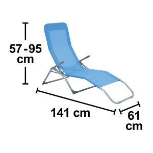 Összecsukható, világoskék Pando napozóágy acélvázzal és textil huzattal, mérete 141x61x57-95 cm.