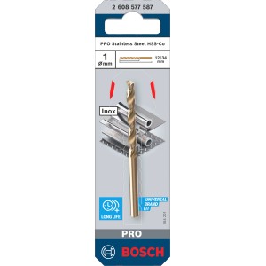 Bosch Pro Stainless Steel HSS-Co spirálfúró, 1 mm, fémmegmunkáláshoz.