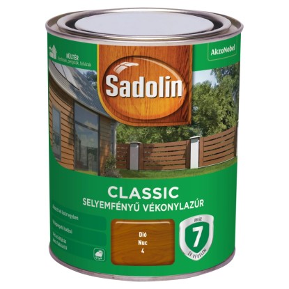 Sadolin Classic időjárásálló festék dobozban, dió színben, kültéri használatra.