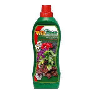 Vita Flora univerzális folyékony műtrágya zöld palackban virágmintával.