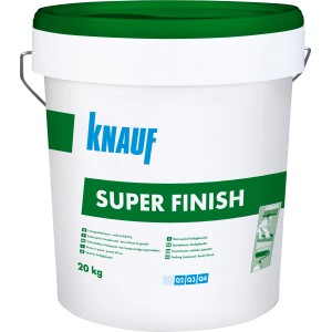 Vödör Knauf Super Finish finomglett, 20 kg, használatra kész sima falakhoz és mennyezetekhez.