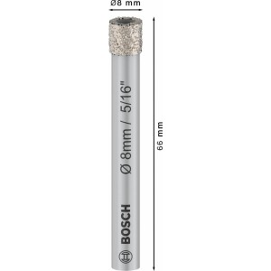 Bosch gyémánt fúró kerámiához, 8x66 mm. Ezüst csempefúró gyémánt szemcsékkel és méretekkel.