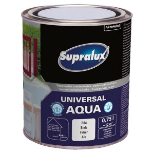 Doboz Supralux Universal Aqua festék, fehér színben. Alkalmas beltéri és kültéri használatra.