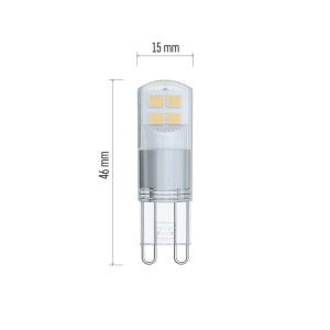G9 LED izzó méretekkel (46 mm magas, 15 mm széles)