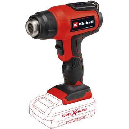 Einhell Power X-Change TE-HA 18 Li Solo akkus hőlégfúvó (akku nélkül). Piros hőlégfúvó fúvókával.
