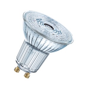 GU10 LED izzó, átlátszó üveg megjelenésű, tűlábbal a sokoldalú világításhoz.