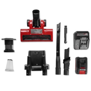 Einhell TE-SV 18 Li akkus álló porszívó szett: piros padlókefe, akku, töltő, portartály, szűrő, fúvókák.
