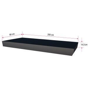 Téglalap alakú antracit előtető BS 200, 200x90x14,5 cm, méretekkel.