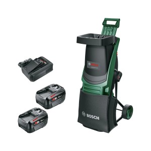 Bosch UniversalShredder akkus aprító akkumulátorokkal és töltővel. Zöld és fekete elektromos aprító.