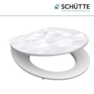 Schütte Diamond WC ülőke fa maggal és lassú záródással, fehér geometrikus mintával.