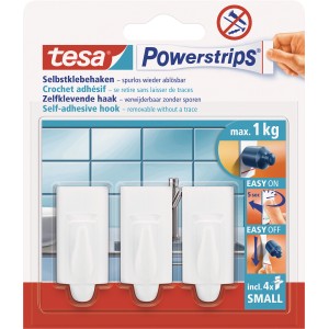 Tesa öntapadó kampók, 3 darabos csomag, fehér, Powerstrips-szel a nyommentes eltávolításhoz.