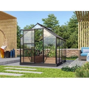 Vitavia Venus 5000 üvegház, fekete keret, 5 m², növényekkel a kertben.