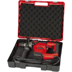 Einhell TC-RH 28 3F fúrókalapács a hordtáskában. Piros fúrókalapács kiegészítő fogantyúval.
